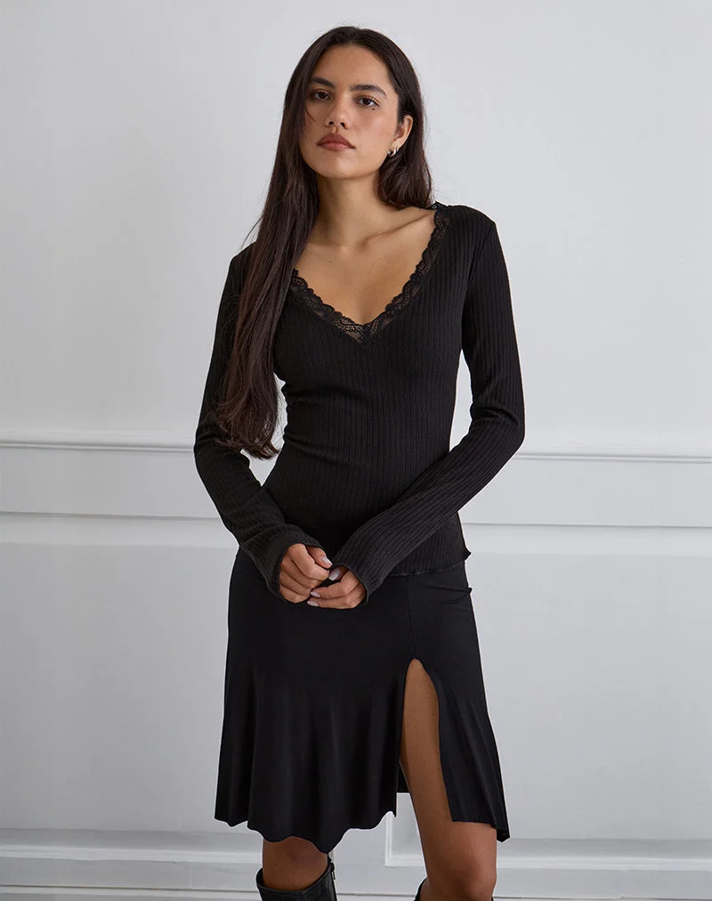 Maivi Long Sleeve Top in Black with Lace Trim