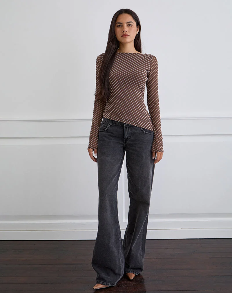Lakya Long Sleeve Top in Diagonal Stripe Flocked Brown and Cream (Top à manches longues en rayures diagonales floquées marron et crème)