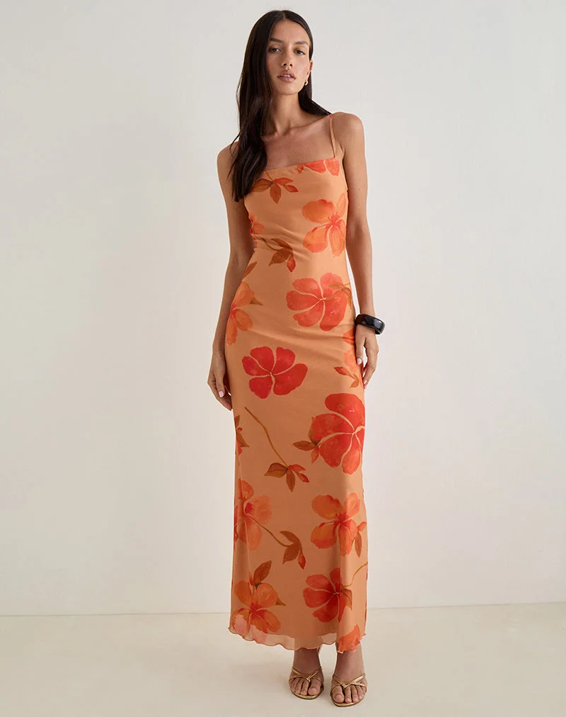 Robe longue Dalesio, aquarelle Hibiscus Orange