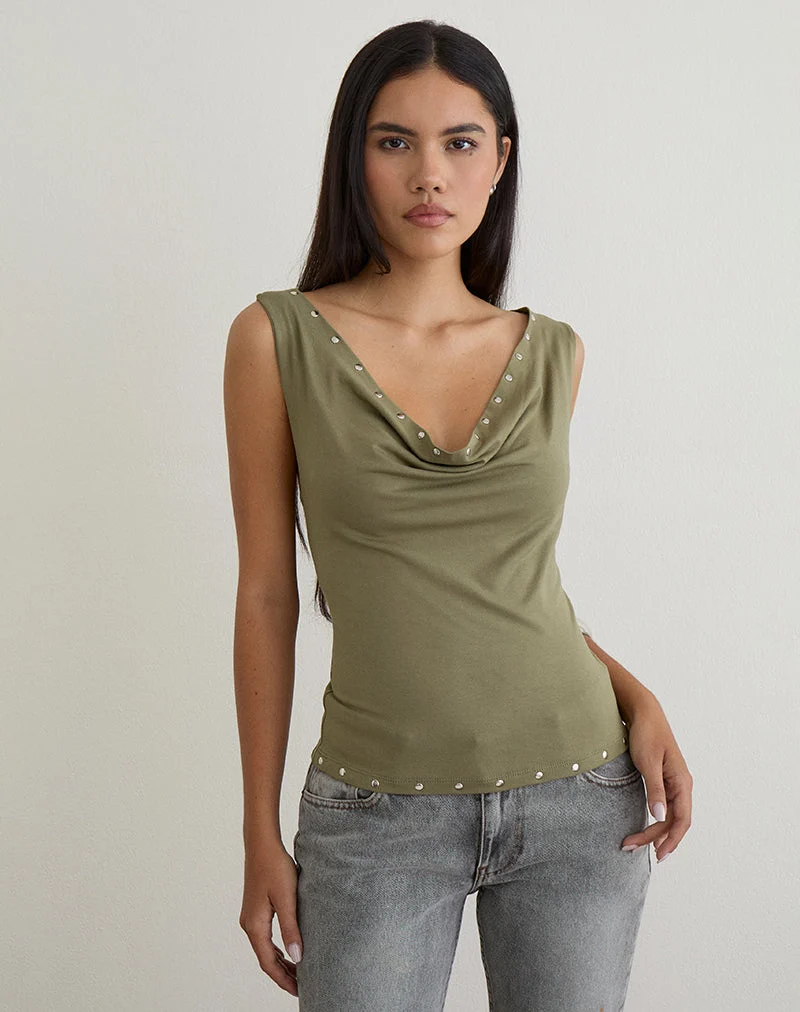 Slater Studded Top in Rayon Jersey Khaki