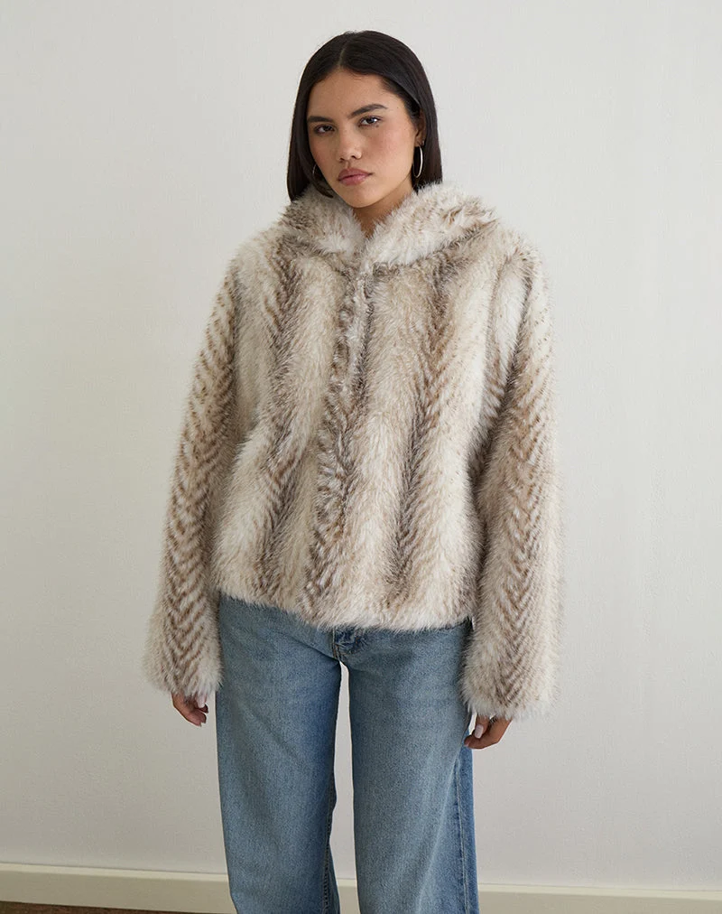 Jemi Hooded Cropped Faux Fur Jacket in Cream