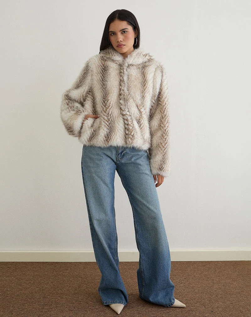 Jemi Hooded Cropped Faux Fur Jacket in Cream