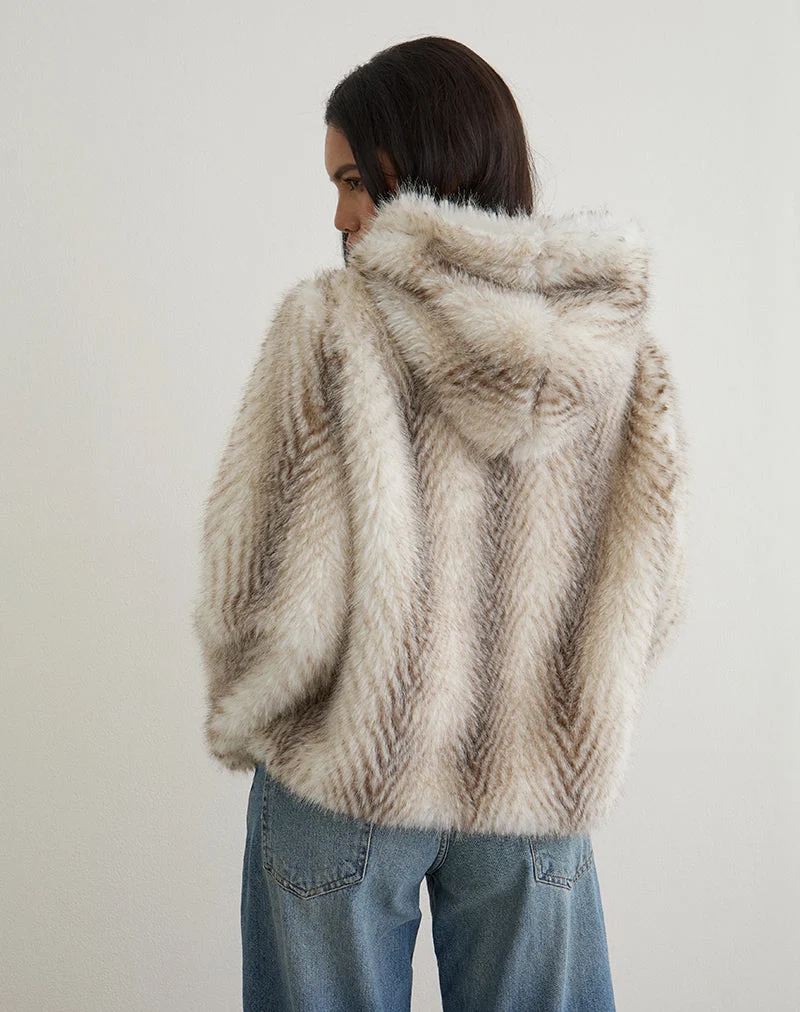 Jemi Hooded Cropped Faux Fur Jacket in Cream