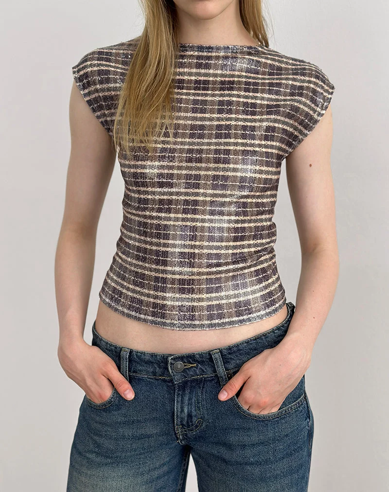 Erica Top in Sequin Vintage Check Brown