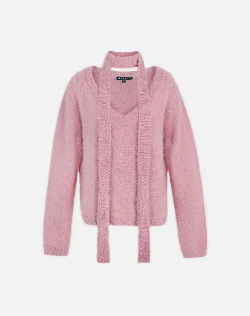 Dikara Jumper with Scarf in Knit Dusty Pink (Pull avec écharpe en tricot)