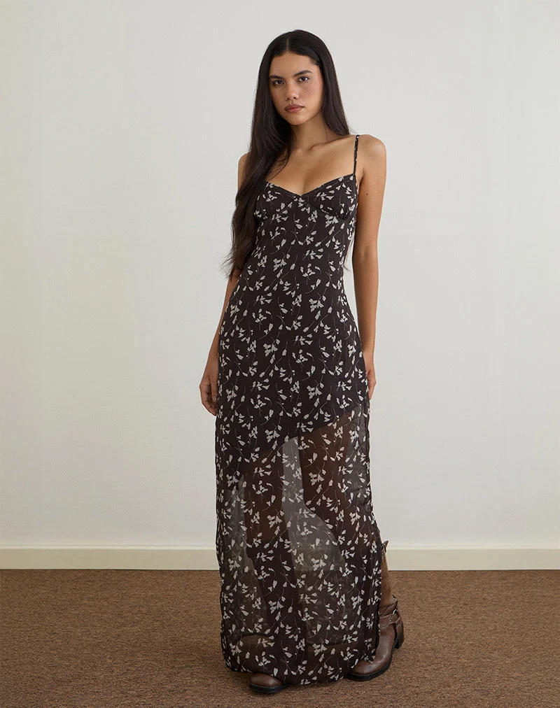Robe longue Sunita en mousseline de fleurs, marron