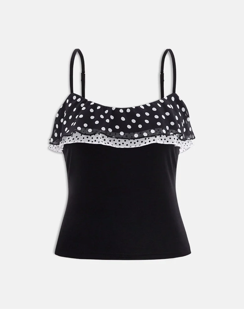 Top Iridia en cupro noir avec petits volants à pois