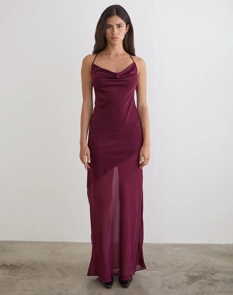 Robe longue Eshara en satin chiffon bordeaux