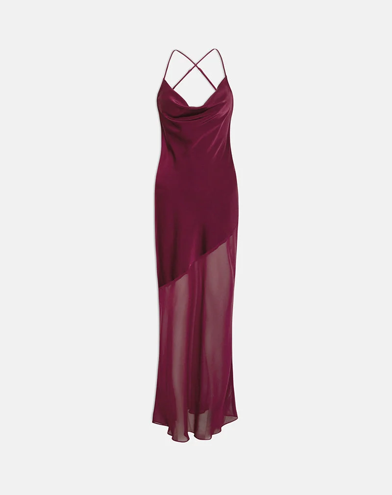 Robe longue Eshara en satin chiffon bordeaux