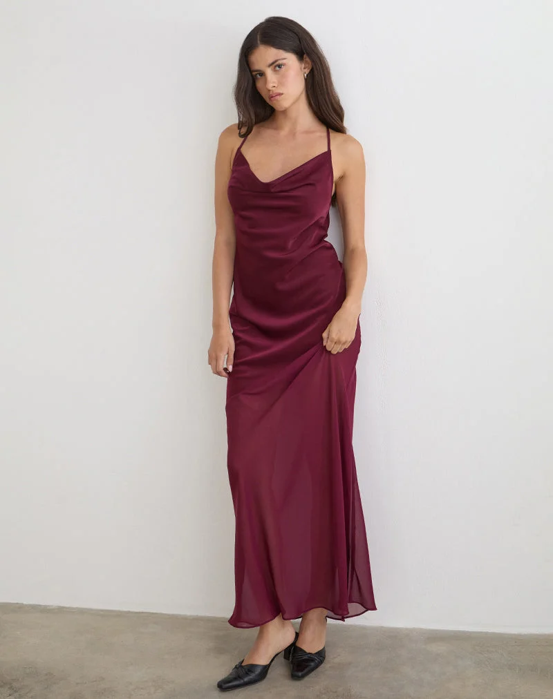 Robe longue Eshara en satin chiffon bordeaux