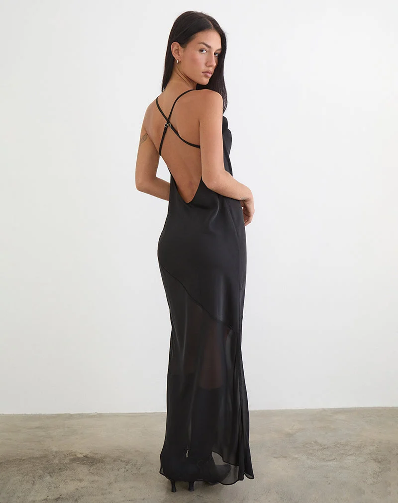 Robe longue Eshara en satin chiffon noir