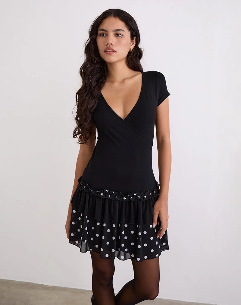 Navya Wrap Mini Dress in Polka Black and White