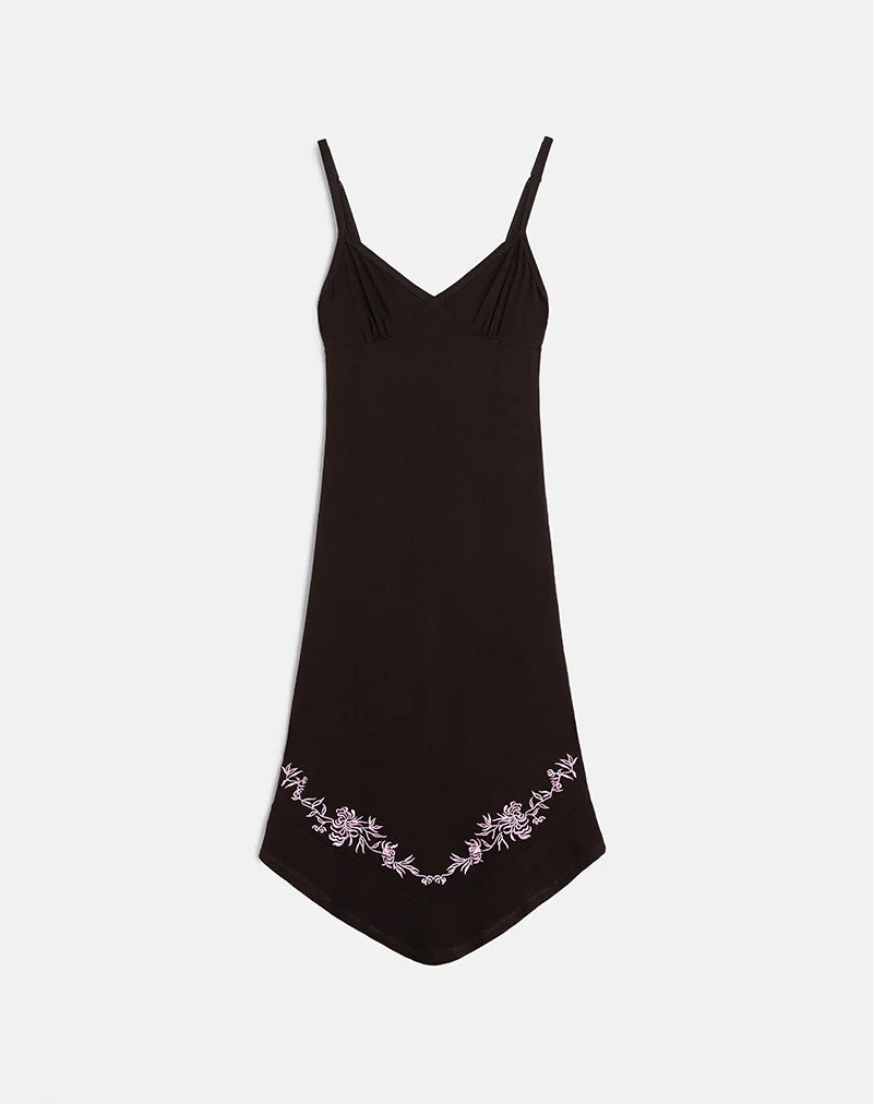 Quelin Midi Dress in Chocolate Brown with Rose Embroidery (Robe midi Quelin en brun chocolat avec broderie de roses)