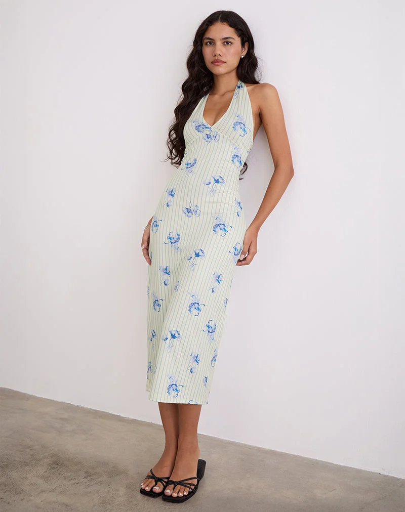 Fadwa Midi Dress in Floral Stripe Cream (robe midi à rayures florales)