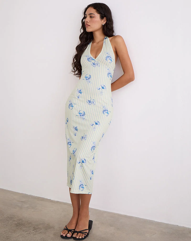 Fadwa Midi Dress in Floral Stripe Cream (robe midi à rayures florales)