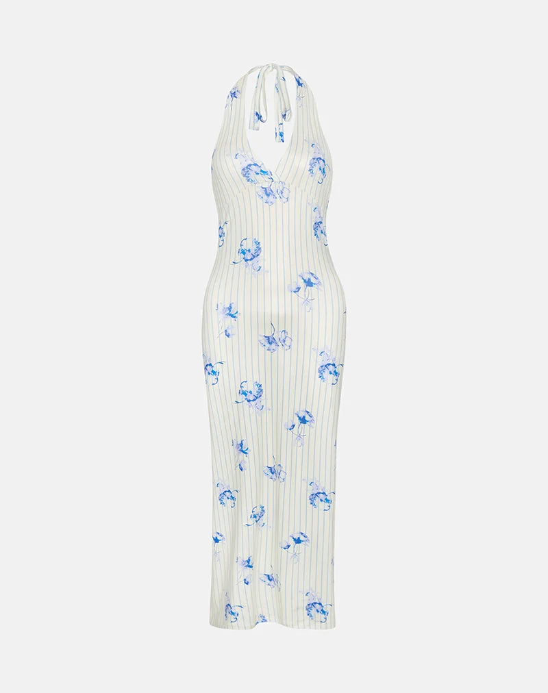 Fadwa Midi Dress in Floral Stripe Cream (robe midi à rayures florales)