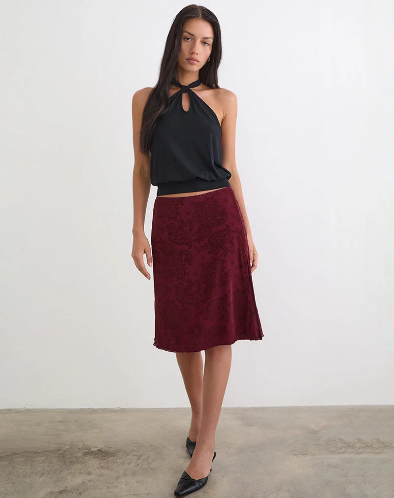 Jupe midi Elif en flocage compact à motif cachemire couleur vin