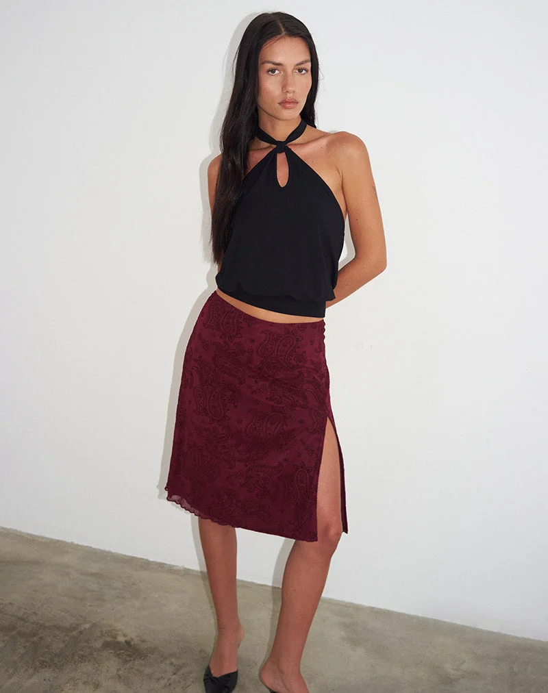 Jupe midi Elif en flocage compact à motif cachemire couleur vin