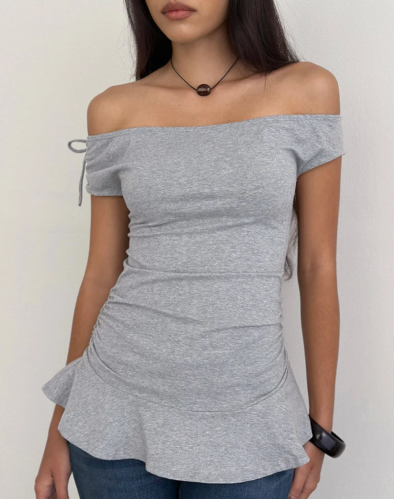 Haut à volants Kanao Bardot gris chiné