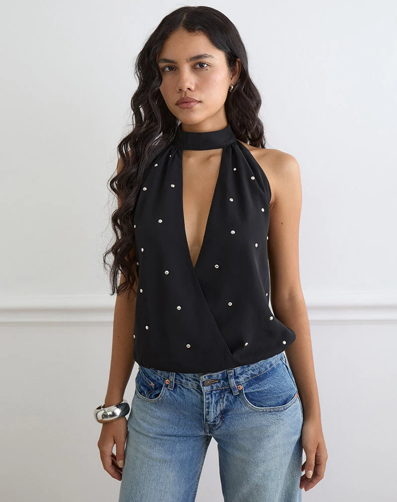 Haut « Bubble » à col halter de la marque Bajo, en mousseline noire avec des clous
