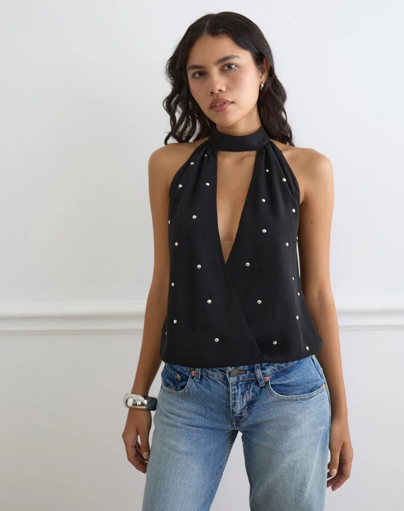 Haut « Bubble » à col halter de la marque Bajo, en mousseline noire avec des clous
