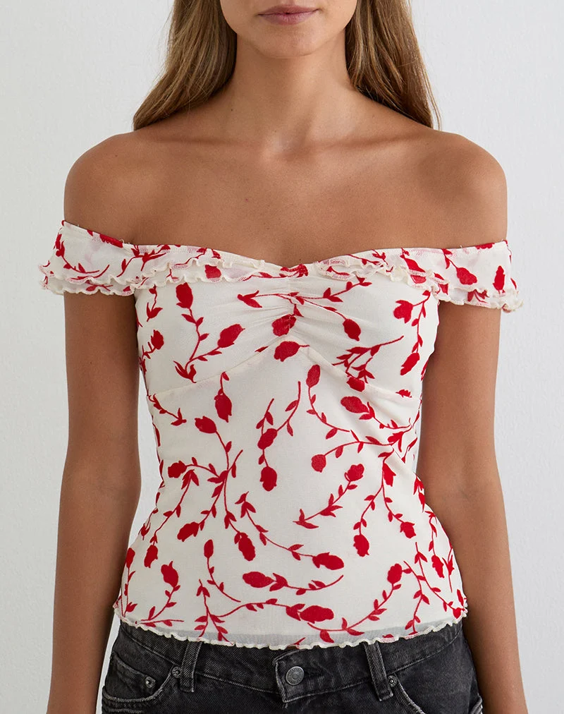 Haut Switi Bardot couleur crème avec motif floqué de lys rouges feuillus