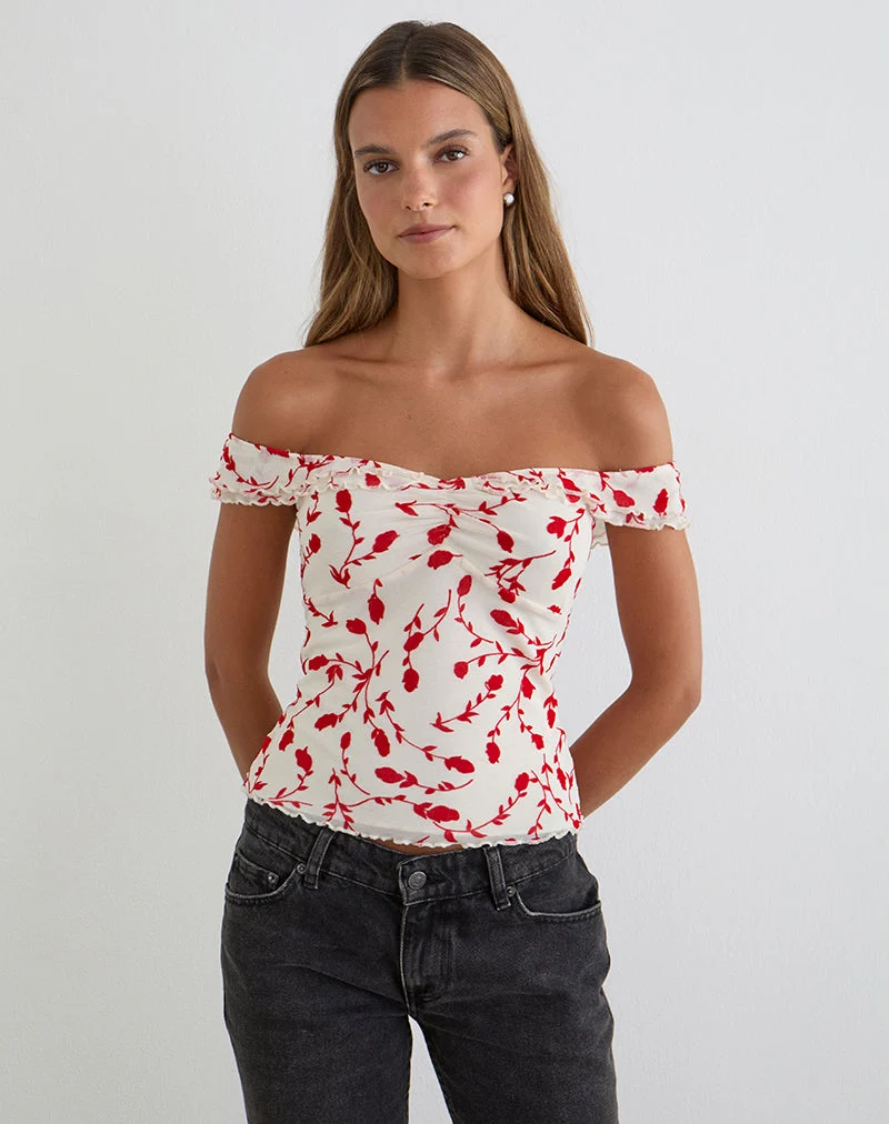 Haut Switi Bardot couleur crème avec motif floqué de lys rouges feuillus