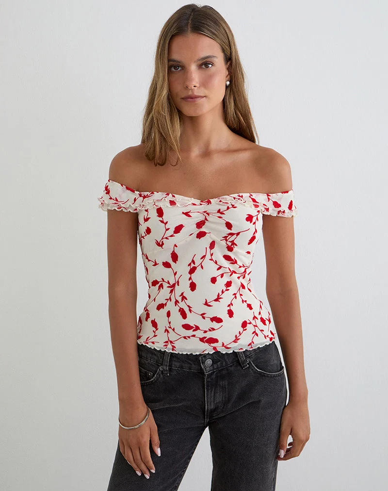 Haut Switi Bardot couleur crème avec motif floqué de lys rouges feuillus