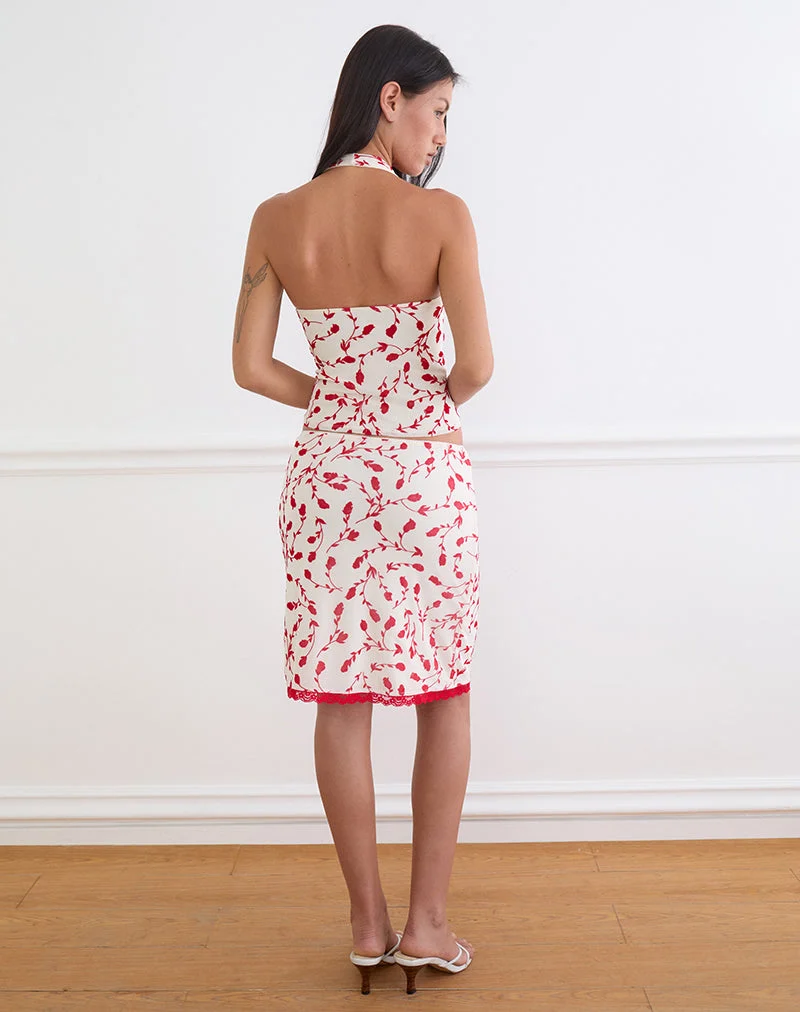 Jupe mi-longue Radu, couleur crème, avec motif floqué de lys rouges feuillus