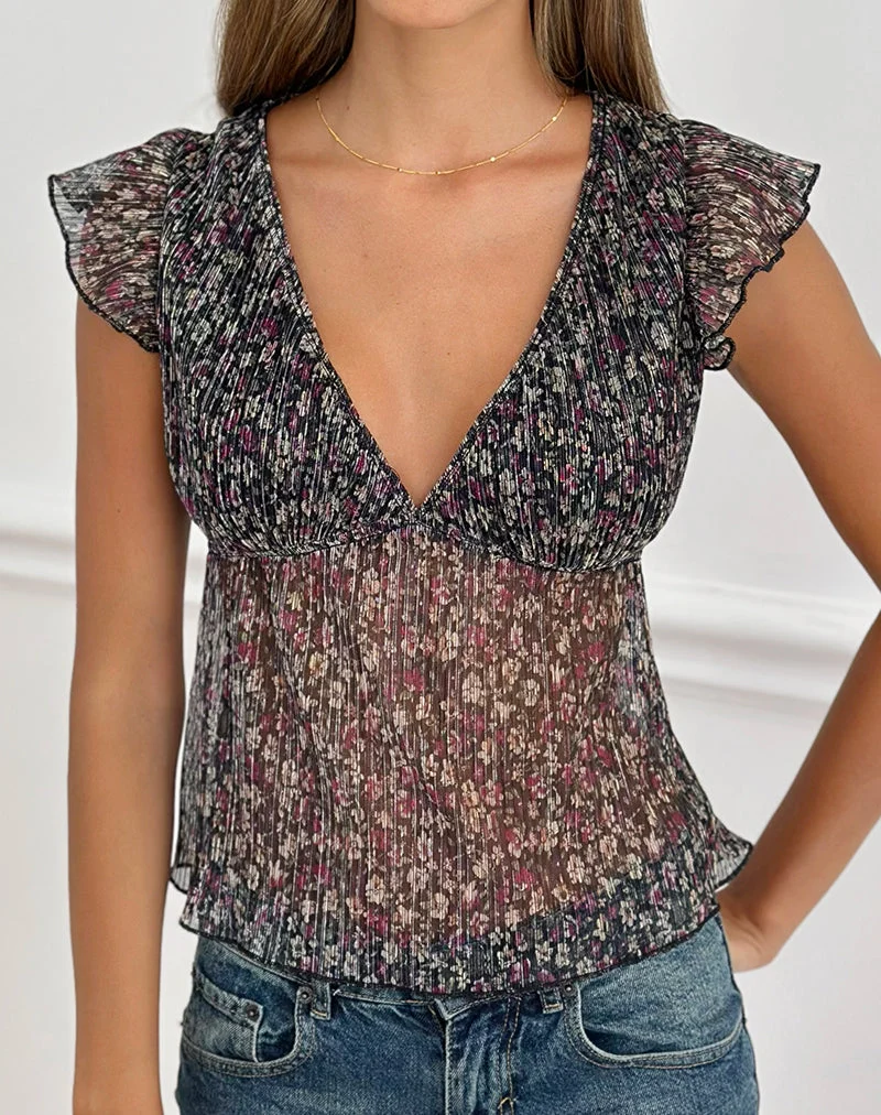 Haut Pharita à col en V, motif floral discret plissé, couleur anthracite