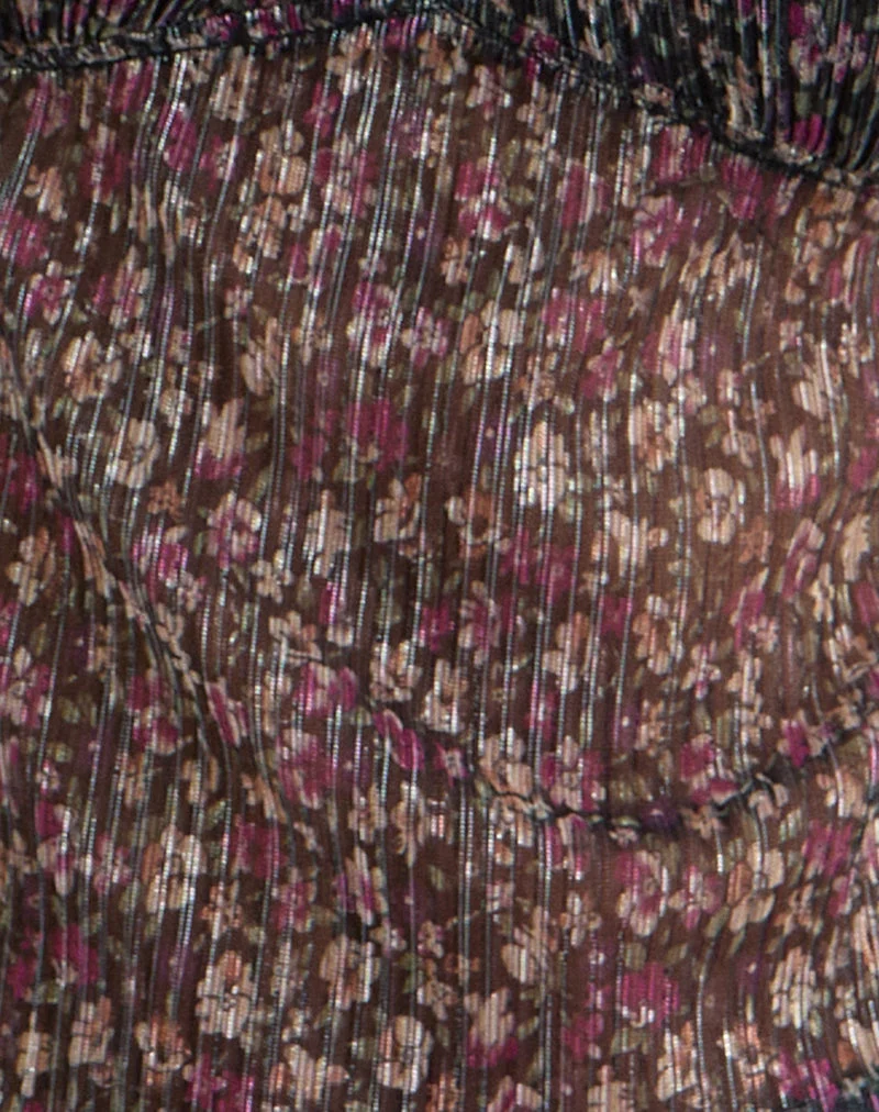 Haut Pharita à col en V, motif floral discret plissé, couleur anthracite