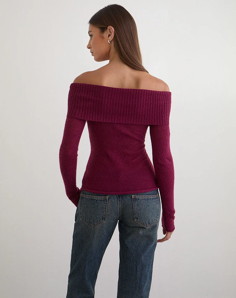 Pull Lune Bardot en maille couleur vin