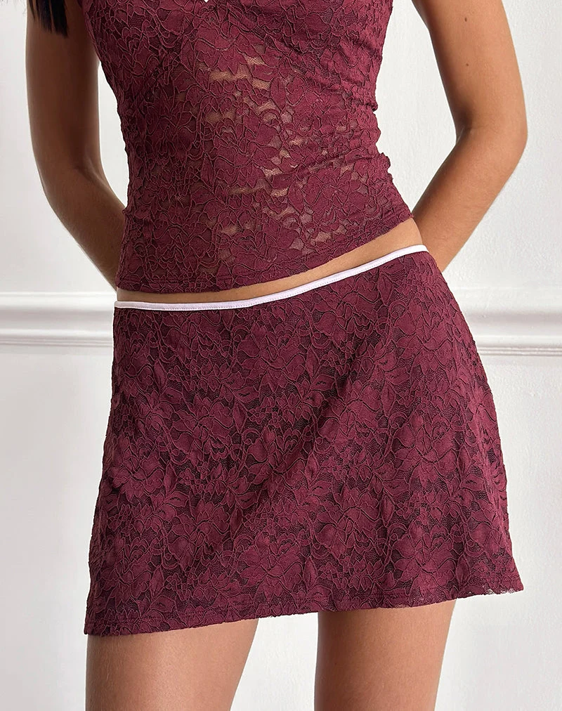Minijupe Nidya en dentelle bourguignonne avec bordure rose