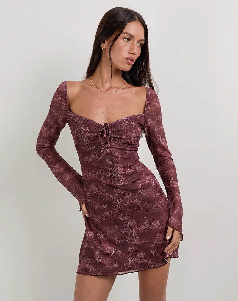 Modena Long Sleeve Mini Dress in Tonal Paisley Plum (Mini robe à manches longues Modena en marguerite tonale)
