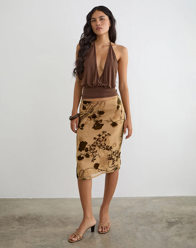 Jupe midi Rujha en dévoré à motifs floraux, couleur beige