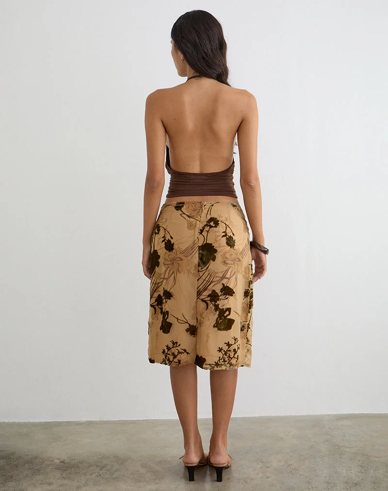 Jupe midi Rujha en dévoré à motifs floraux, couleur beige