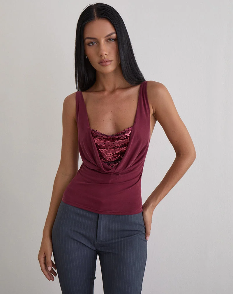 Janice Top in Sequin Jersey Burgundy