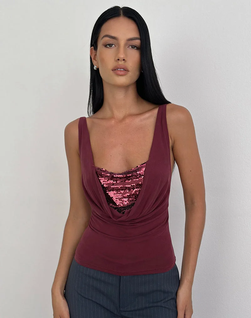 Janice Top in Sequin Jersey Burgundy
