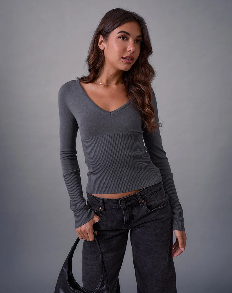 Darya Long Sleeve Knit Top in Slate Grey (Top à manches longues en tricot, gris ardoise)
