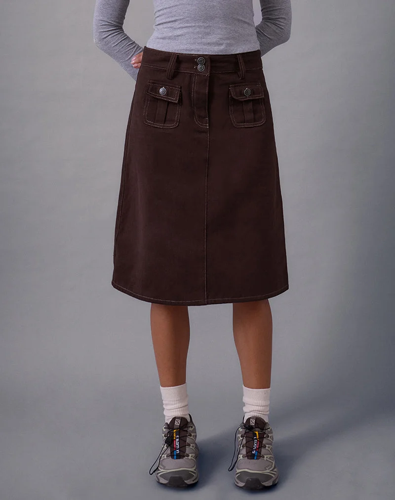 Astor Midi Skirt in Brown with Contrast Stitch (jupe midi brune à coutures contrastées)