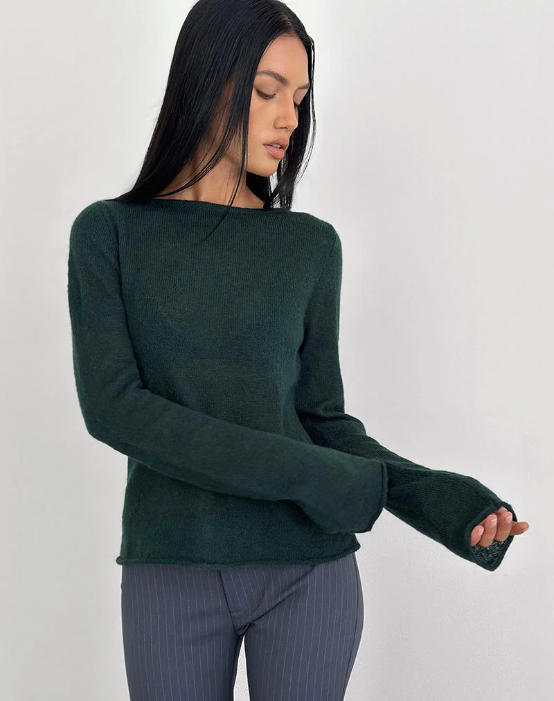 Haut à manches longues Aika en maille transparente vert foncé