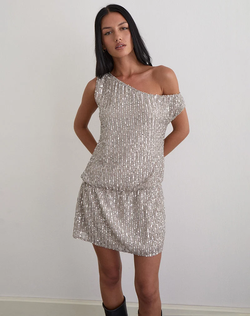 Vora One Shoulder Mini Dress in Sequin Nude