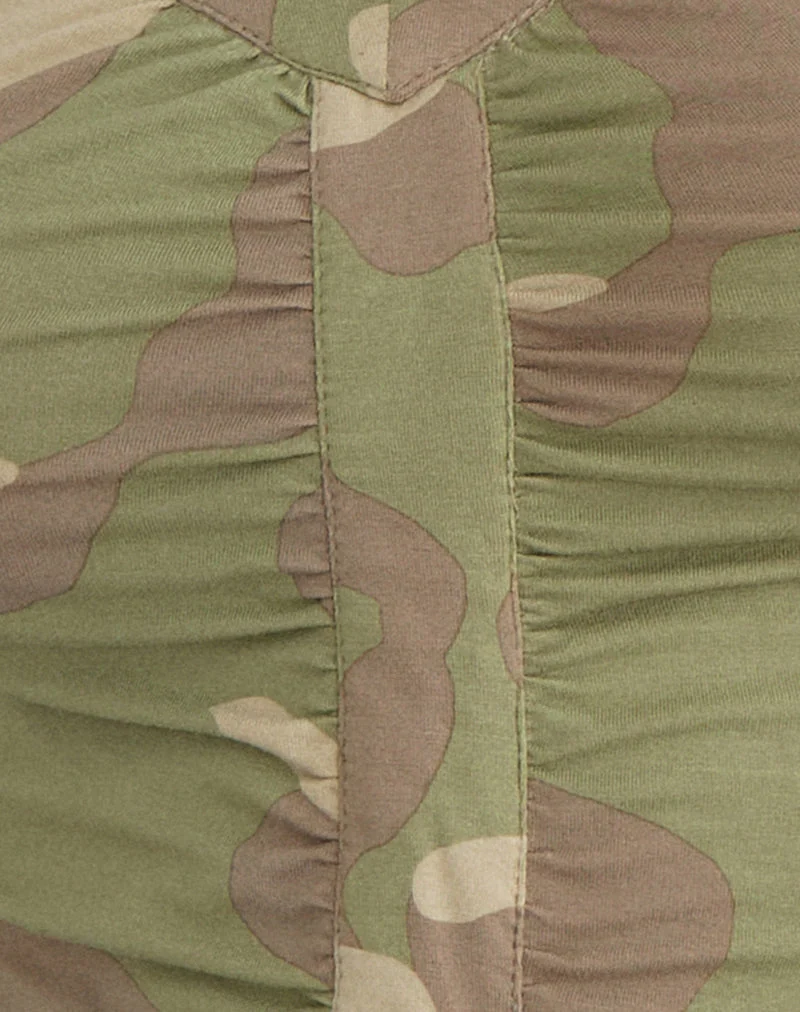 Haut froncé à encolure en V Atheia, motif camouflage flou, couleur kaki