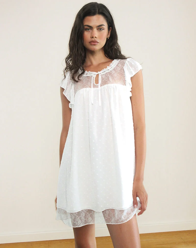Yagis Smock Mini Dress in Dobby Chiffon White Lace