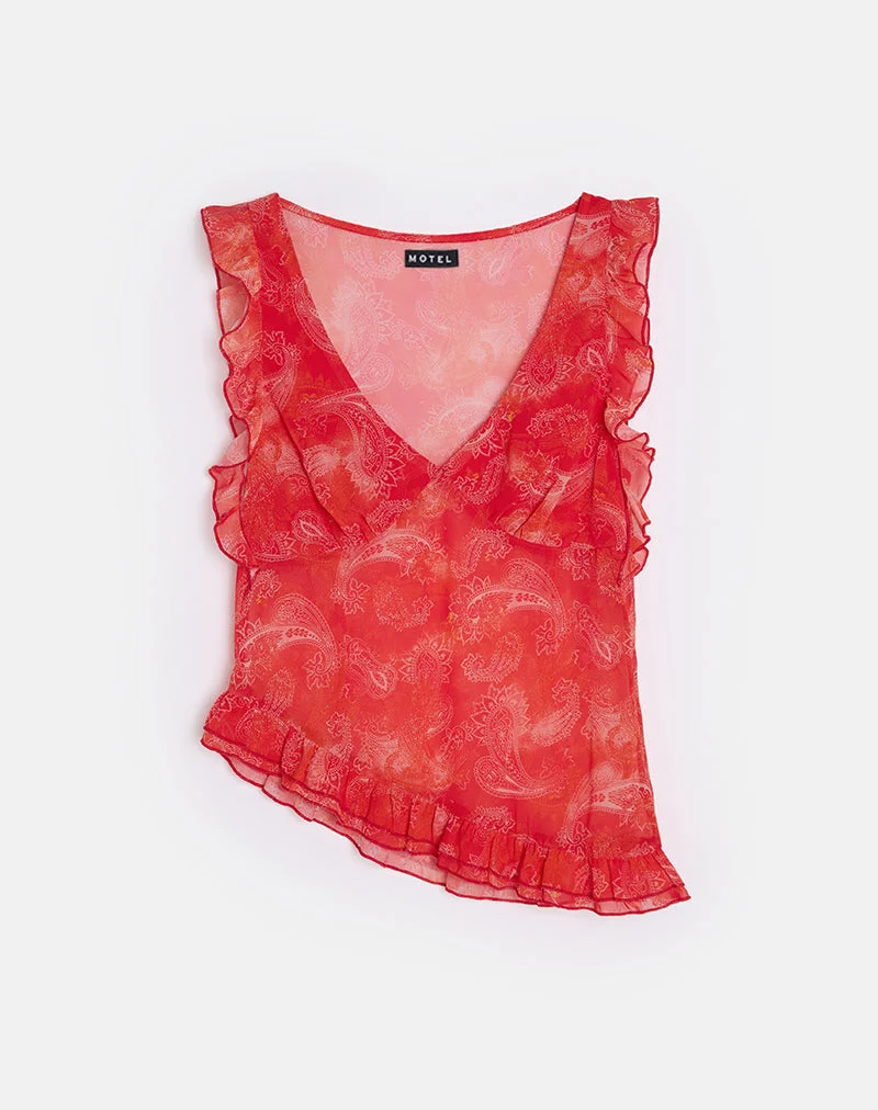 Iravela Asym Top in Paisley Chiffon Red