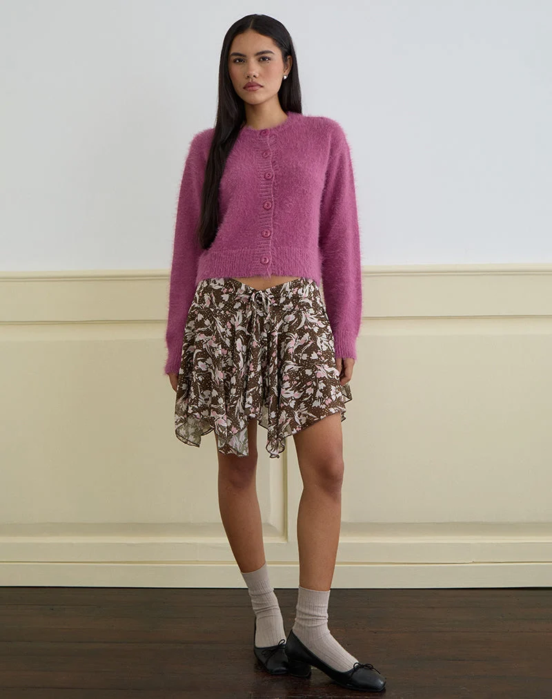 Minijupe Veny en mousseline de soie marron et rose à pois