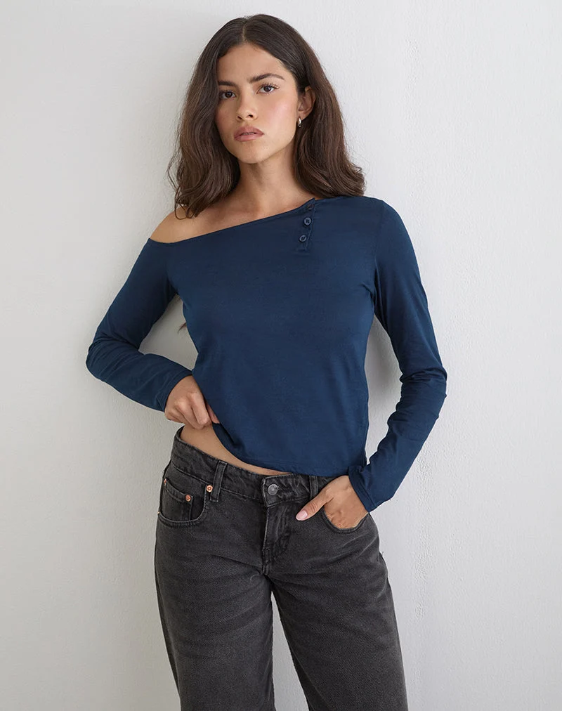 Haut asymétrique boutonné en jersey fin bleu marine foncé