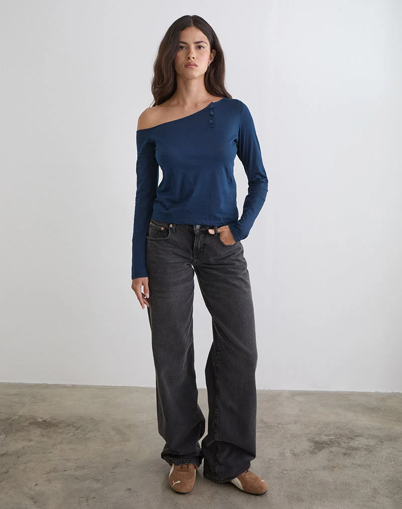 Haut asymétrique boutonné en jersey fin bleu marine foncé