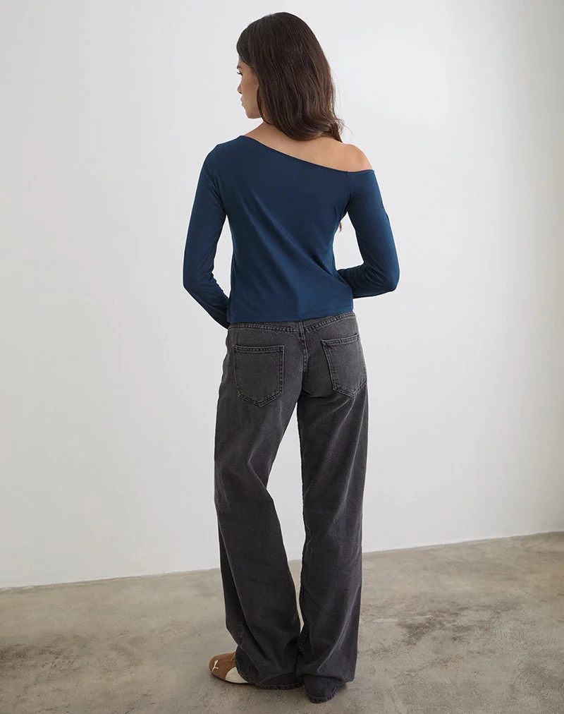 Haut asymétrique boutonné en jersey fin bleu marine foncé