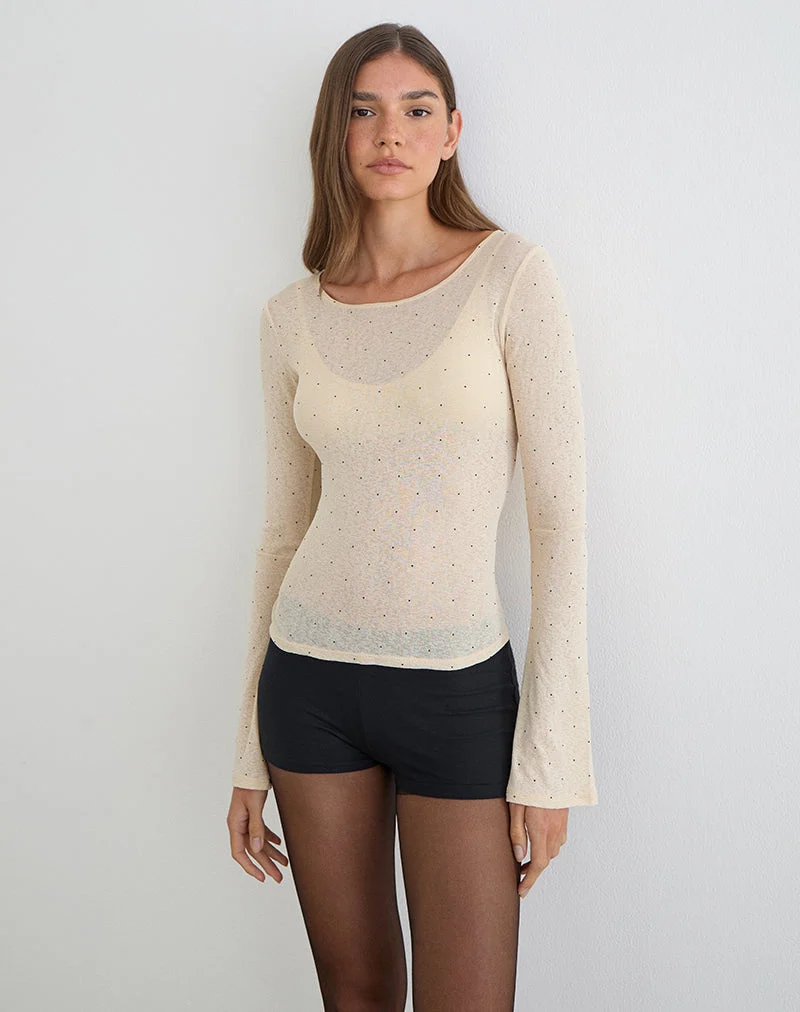 Haut à manches longues Tineko en jersey texturé à pois beige